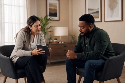 Social Worker Working with a Diverse Client Base in a Therapy Office