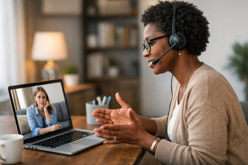 psychologist in virtual therapy session 
