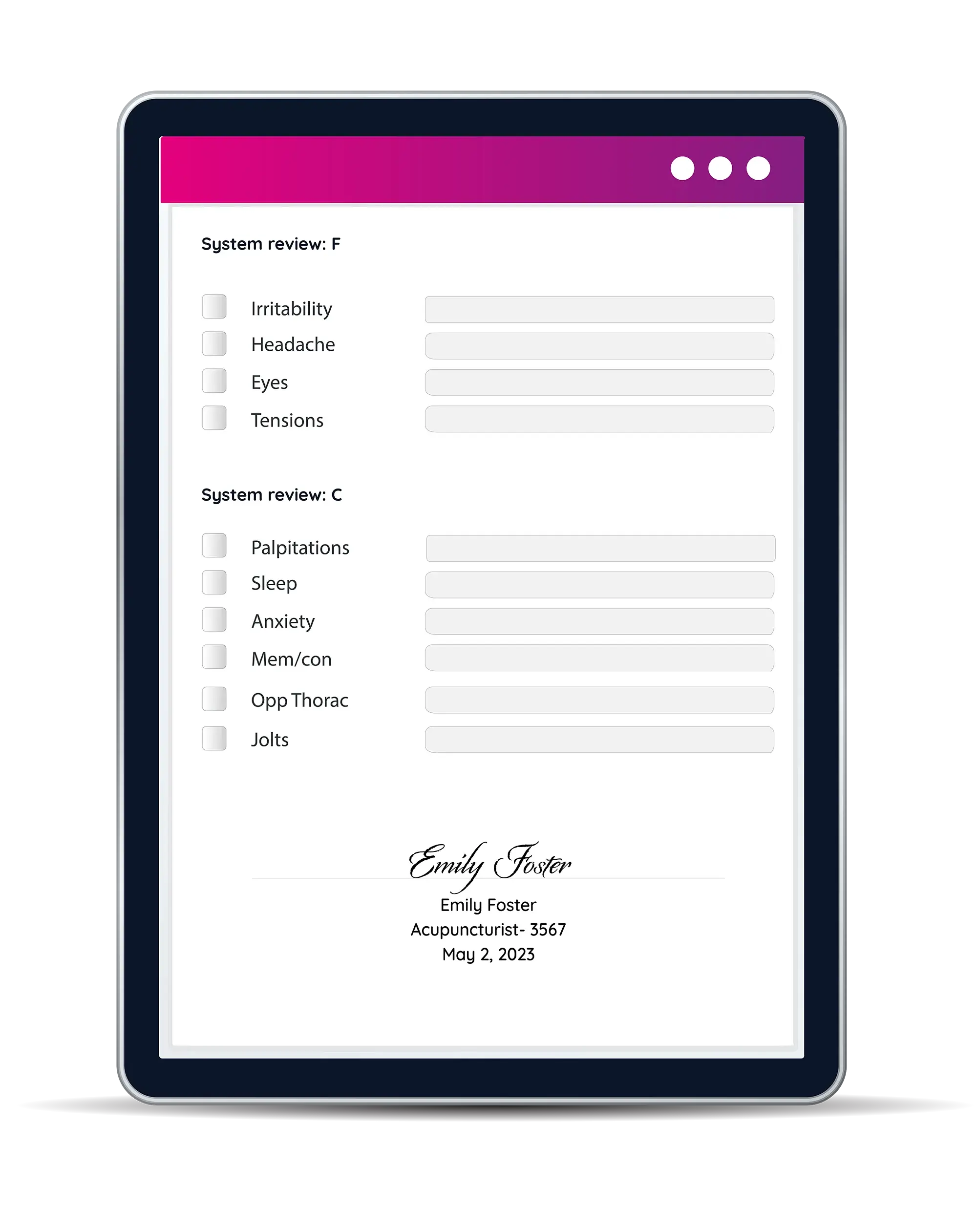 Notes charting acupuncture